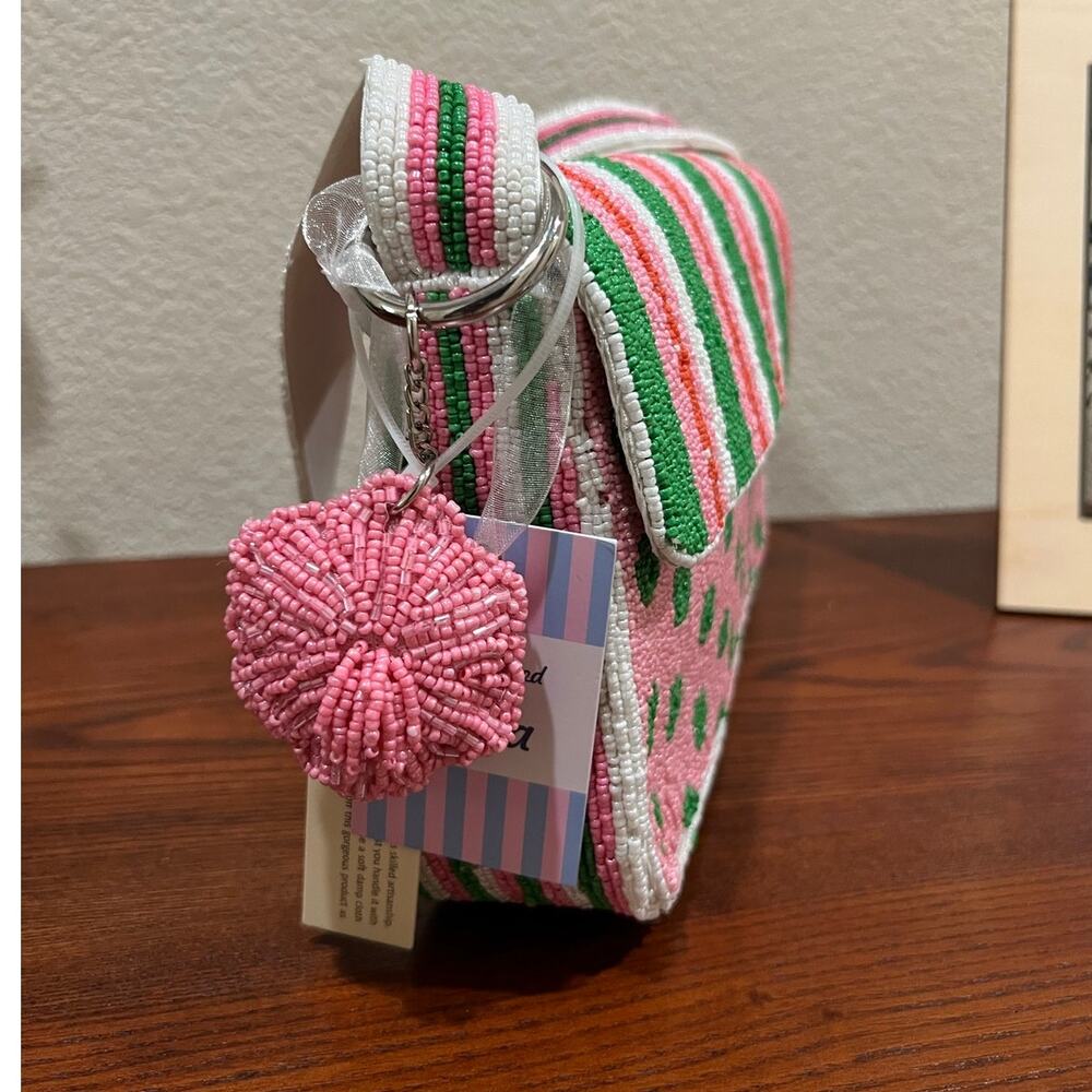 NWT Handcrafted India Beaded Purse Pink Green Striped Artsy Charm Shoulder Bag - Picture 6 of 16
